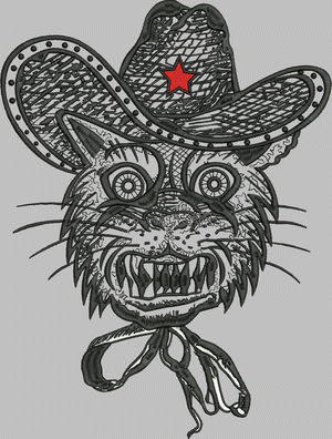 A cat with a cowboy hat in the West embroidery pattern album